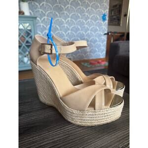 NWOT Jimmy Choo Beige Patent Leather Ankle Strap Wedges Sz. 41